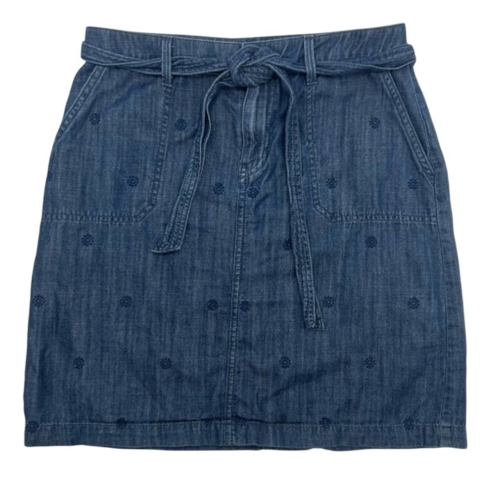 TALBOTS Women's Embroidered Blue Denim Pencil Skirt Tie Belt Back Pockets 4